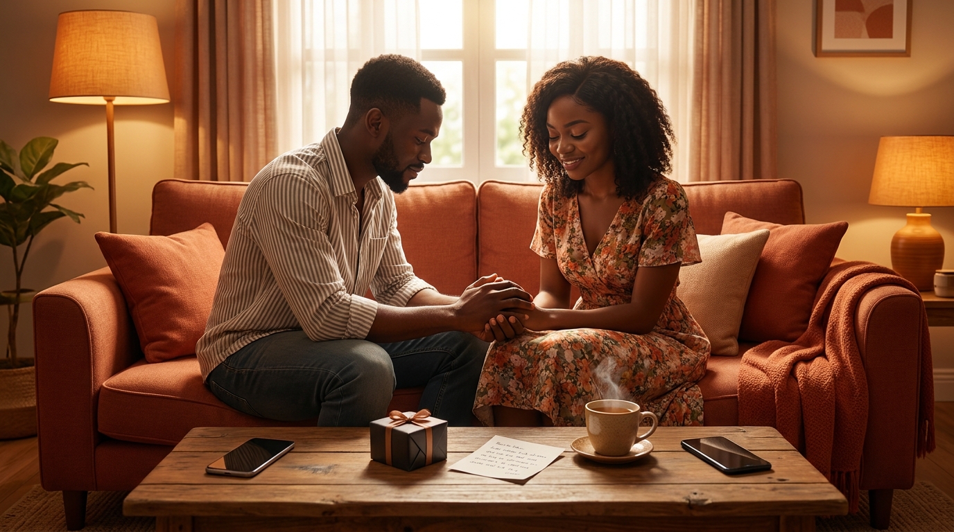 A Nigerian couple sitting closely on a terracotta couch in a warm, amber-lit living room, the man gently holding the woman's hands as she smiles softly, with a wrapped gift, handwritten note, steaming cup of tea, and two face-down phones on the coffee table symbolising the five love languages.