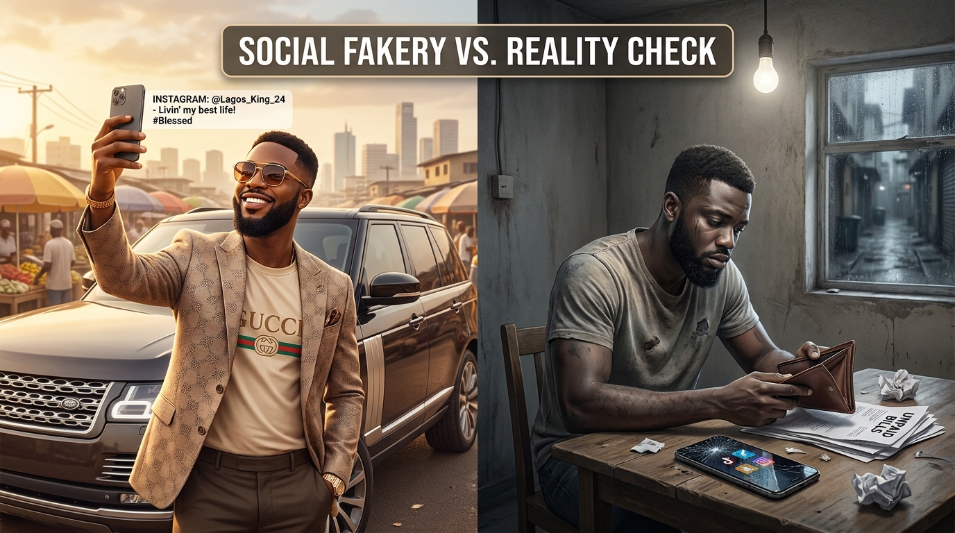 A split-screen illustration showing a Nigerian man posing confidently for a selfie beside a luxury SUV in designer Gucci clothing on the left, contrasted with the same man sitting alone in a dim room holding an empty wallet beside unpaid bills and a cracked phone on the right, captioned "Social Fakery vs. Reality Check."