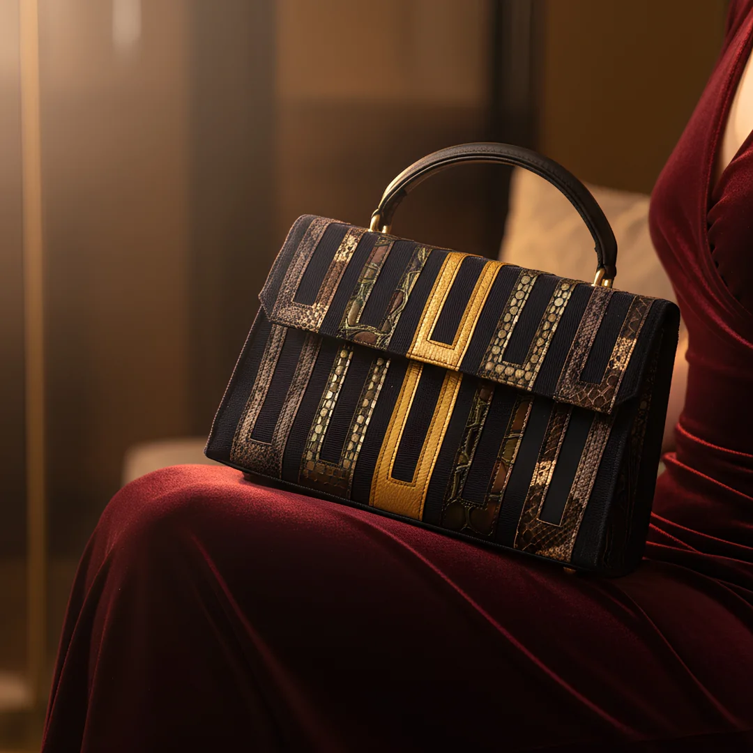 Alt Text: A structured luxury handbag with navy, gold, and snakeskin-textured patchwork panels resting on the lap of a woman wearing a deep red velvet dress in a warmly lit setting.