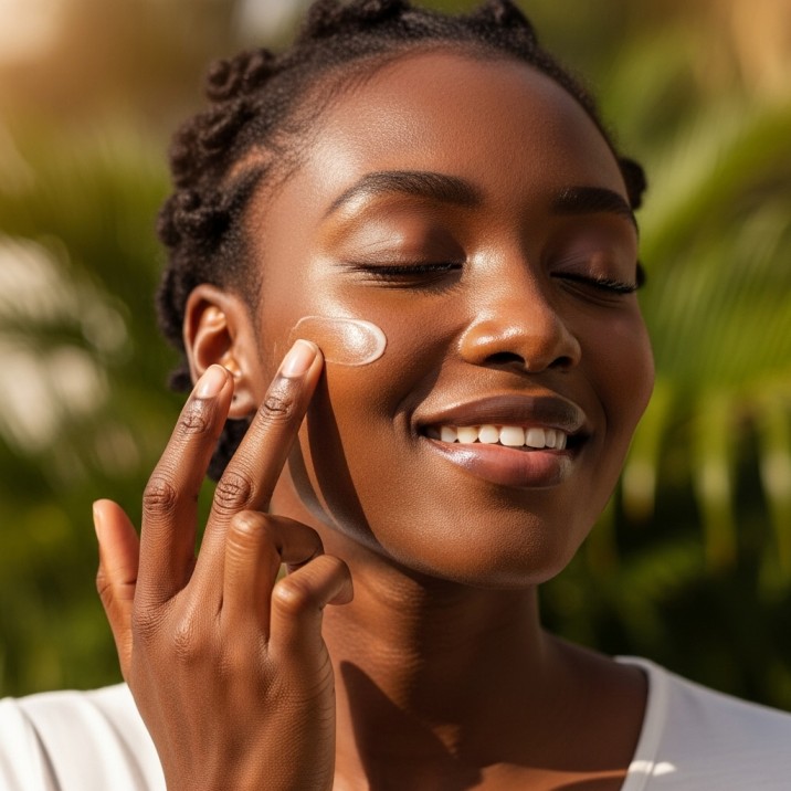 Young Black woman applying facial moisturizer to her cheek outdoors, demonstrating a daily skincare routine in a sunny tropical setting.