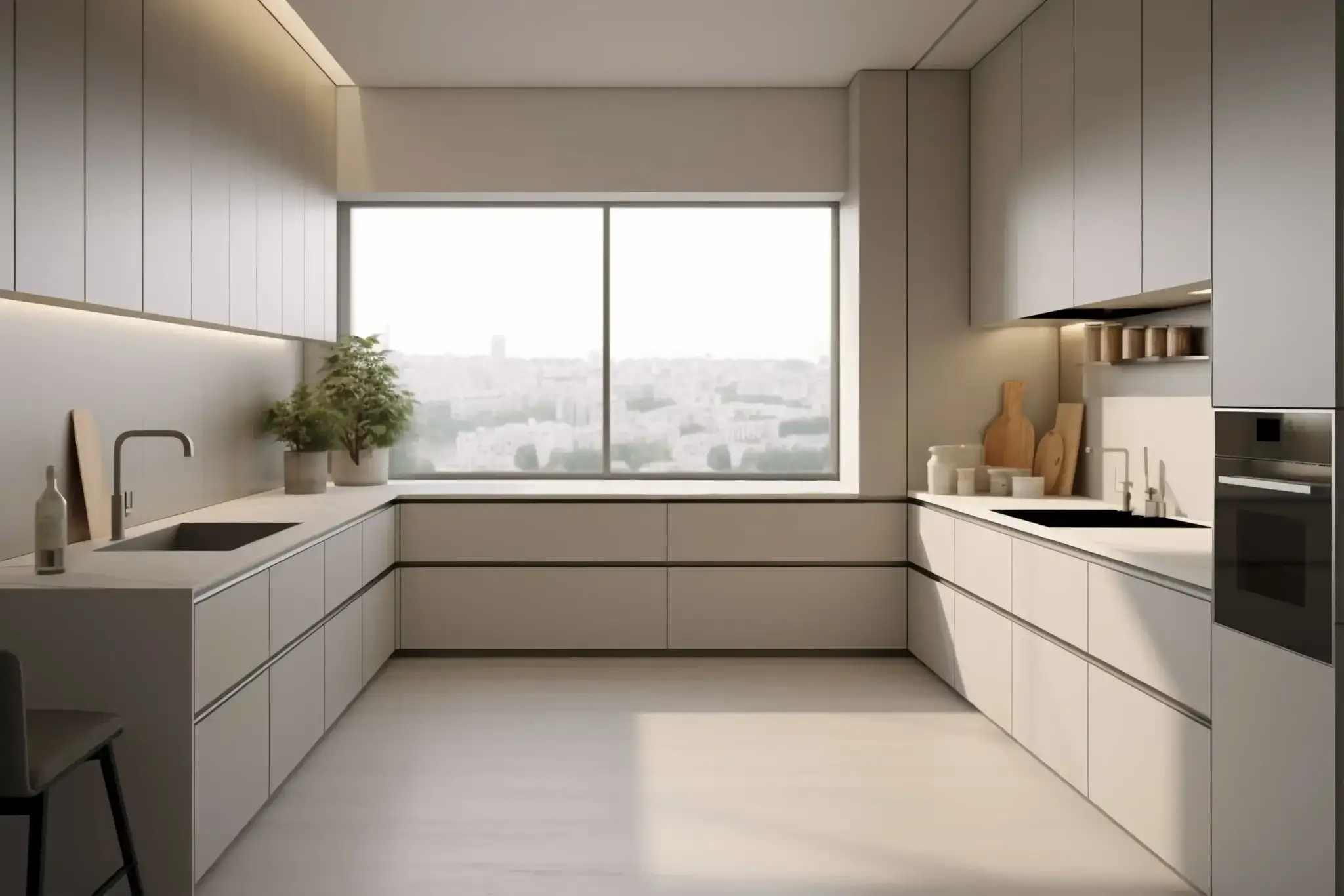 A modern minimalist kitchen with sleek white and beige cabinetry, a U-shaped layout, built-in oven, induction cooktop, small indoor plants, and a large window overlooking a city view, flooded with natural light.