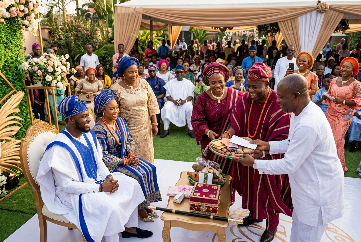 Yoruba traditional wedding ceremony with couple in blue and gold attire receiving family gifts and dowry items"