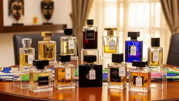 A collection of perfume bottles displayed on a table, featuring various scents in different bottle designs.