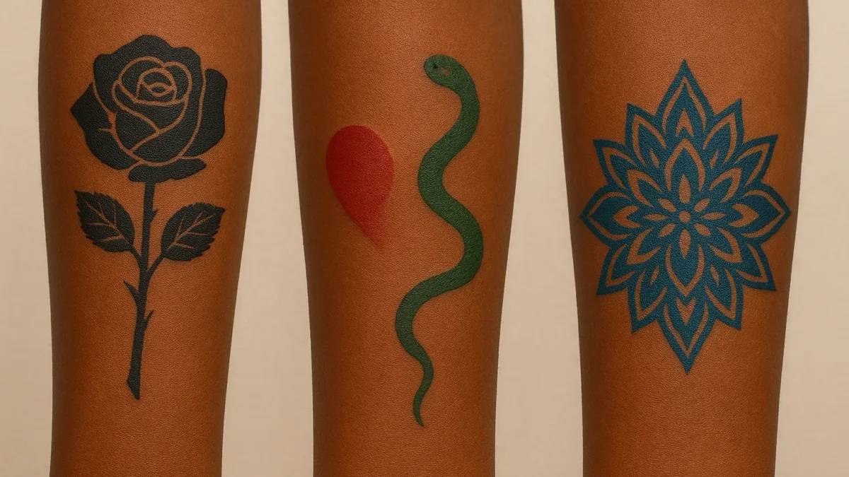 Three tattoo designs on dark skin featuring a black rose, red heart with green snake, and blue floral pattern.