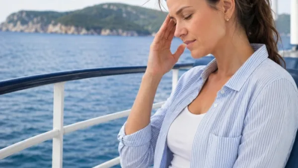 A lady on a boat having headache