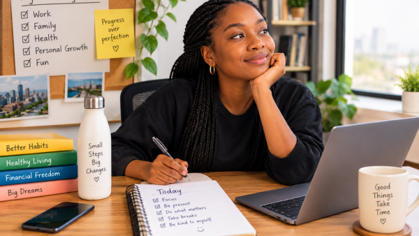 Bright, modern workspace with a laptop, desk accessories and a calm setting that encourages focus and productivity.