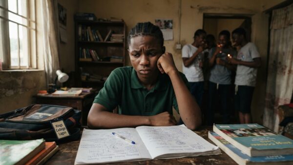Nigerian teenager sitting alone and looking concerned about the risks associated with marijuana use.
