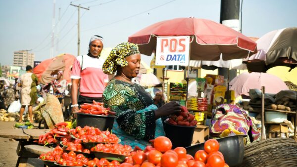 A group of people standing around a market table filled with tomatoes